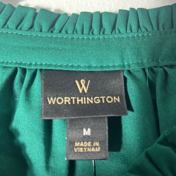 NWT Worthington women’s blouse with puffy sleeves Size Medium Dark Green Holiday - Picture 9 of 11